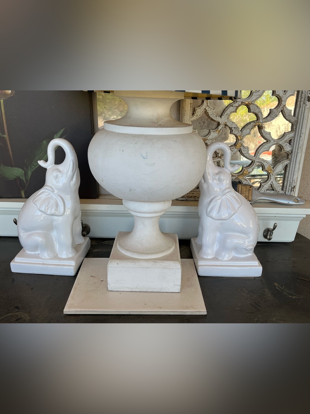 White Ceramic Elephant Bookends with Urn Accent - Decorative Home Accent